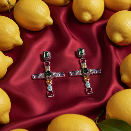 Maria Extra Large Gemstone Fashion Earrings Silver (Cross)
