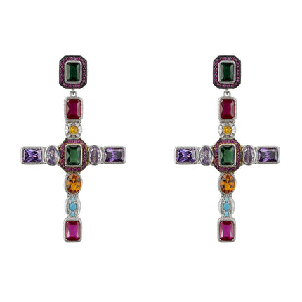 Maria Extra Large Gemstone Fashion Earrings Silver (Cross)