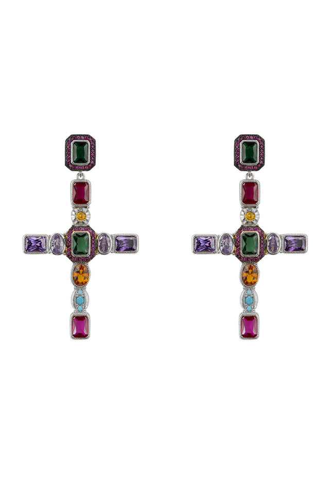 Maria Extra Large Gemstone Fashion Earrings Silver (Cross)