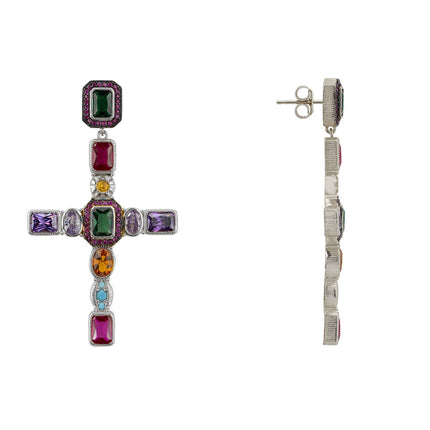 Maria Extra Large Gemstone Fashion Earrings Silver (Cross)