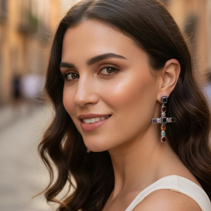 Maria Extra Large Gemstone Fashion Earrings Silver (Cross)
