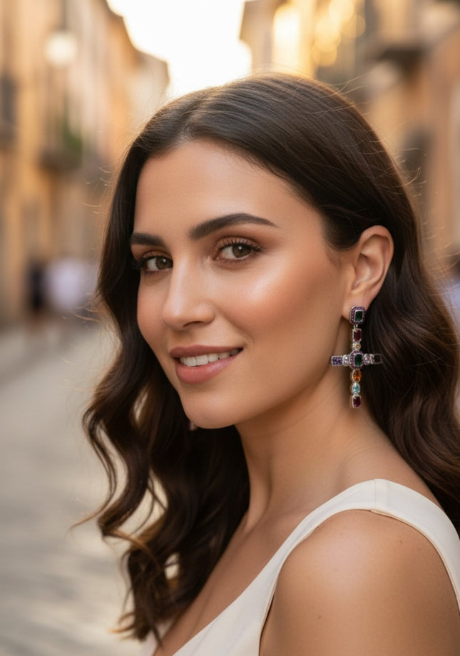 Maria Extra Large Gemstone Fashion Earrings Silver (Cross)