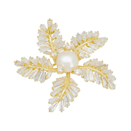 Fern Starflower Pearl Brooch Gold