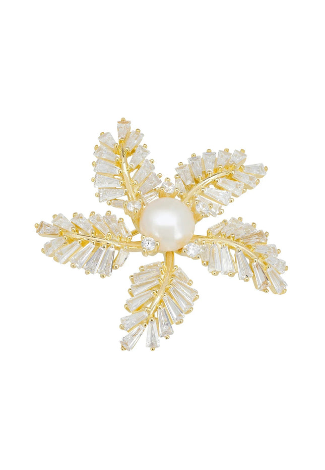 Fern Starflower Pearl Brooch Gold