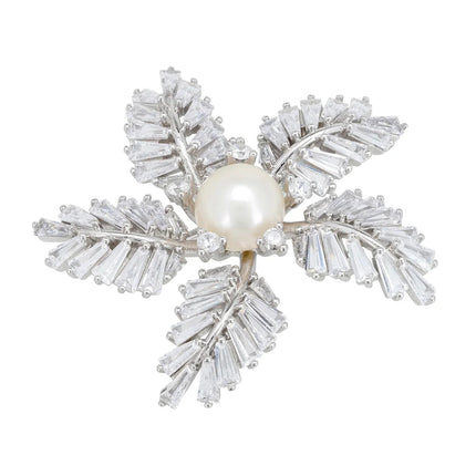 Fern Starflower Pearl Brooch Silver