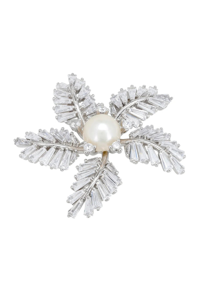Fern Starflower Pearl Brooch Silver