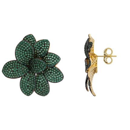 Amaryllis Flower Large Stud Earrings Gold Emerald