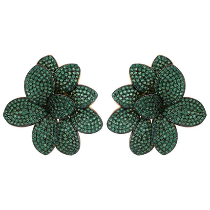 Amaryllis Flower Large Stud Earrings Gold Emerald