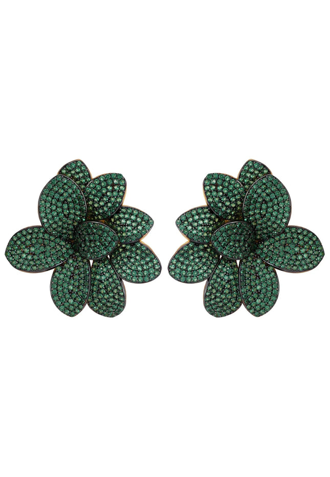 Amaryllis Flower Large Stud Earrings Gold Emerald