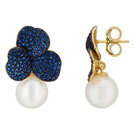 Iris Flower and Pearl Dangle Earrings Sapphire Gold