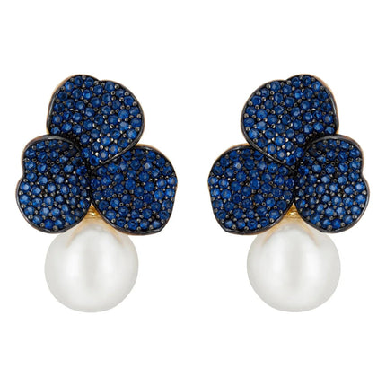 Iris Flower and Pearl Dangle Earrings Sapphire Gold