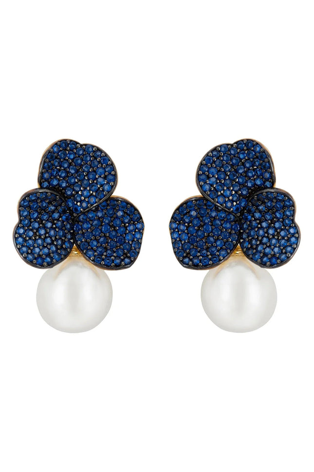 Iris Flower and Pearl Dangle Earrings Sapphire Gold