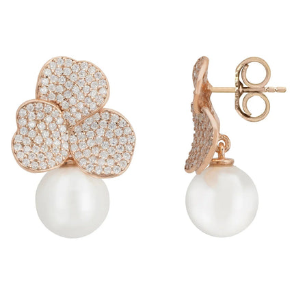 Iris Flower and Pearl Dangle Earrings Rosegold