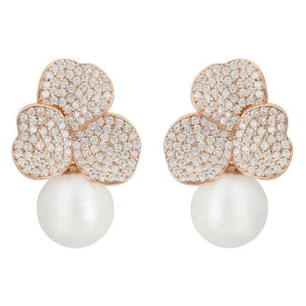Iris Flower and Pearl Dangle Earrings Rosegold
