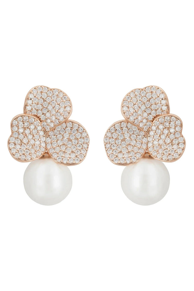 Iris Flower and Pearl Dangle Earrings Rosegold