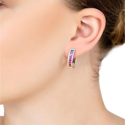 Judy Rainbow Baguette Hoop Earrings Silver