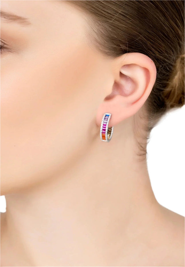 Judy Rainbow Baguette Hoop Earrings Silver