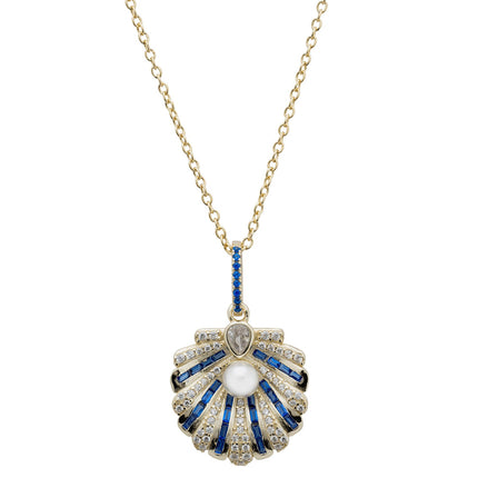 Art Deco Scallop Shell Pendant Necklace Sapphire Blue With Pearl Gold