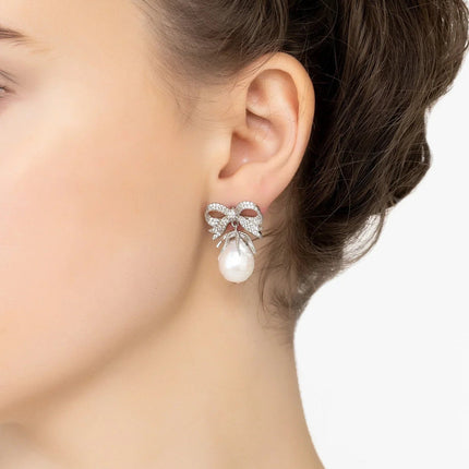 Baroque Pearl Ribbon and Bows Drop Earrings Silver