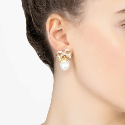 Baroque Pearl Ribbon and Bows Drop Earrings Gold