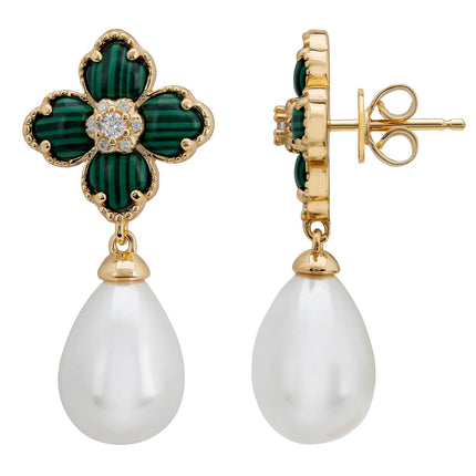 Flower Clover Pearl Drop Earrings Malachite Gold