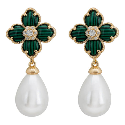 Flower Clover Pearl Drop Earrings Malachite Gold