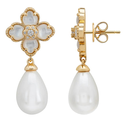 Flower Clover Pearl Drop Earrings Mother of Pearl Gold