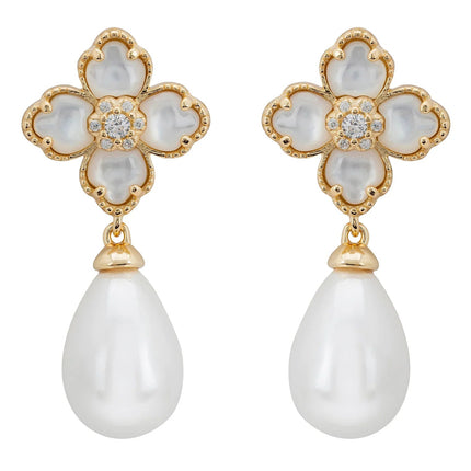 Flower Clover Pearl Drop Earrings Mother of Pearl Gold