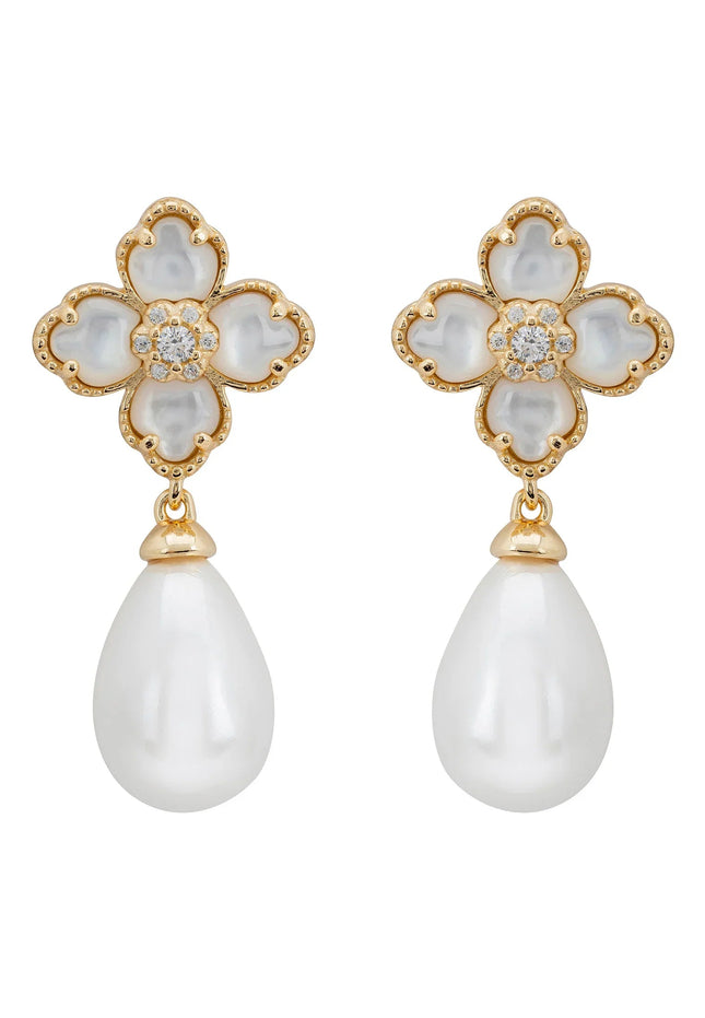 Flower Clover Pearl Drop Earrings Mother of Pearl Gold