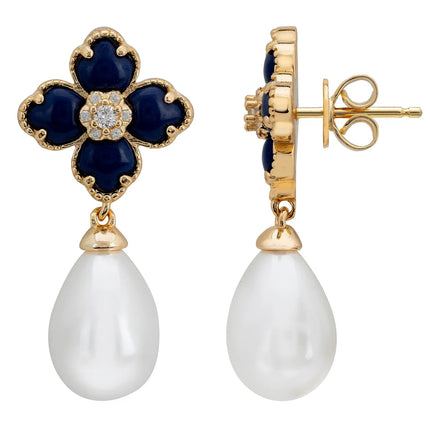 Flower Clover Pearl Drop Earrings Lapis Lazuli Gold