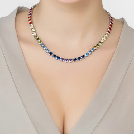Heart Garland Rainbow Gemstone Necklace Silver