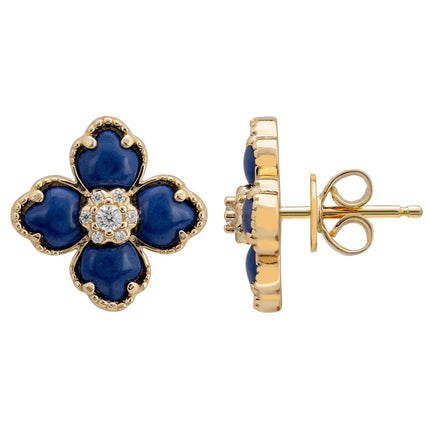 Flower Clover Lapis Lazuli Stud Earrings Gold