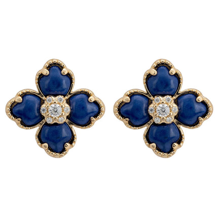 Flower Clover Lapis Lazuli Stud Earrings Gold