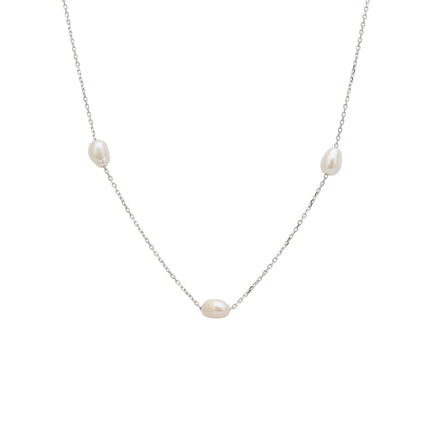 Solid 14k White Gold Natural Spaced Pearl Necklace