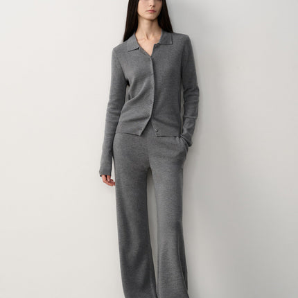 "Lazy Urban" Yangtze Merino Wool Polo-Neck Cardigan Straight-Leg Knitted Pants Suit