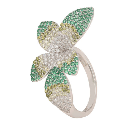Camillia Flower Cocktail Ring Green Silver
