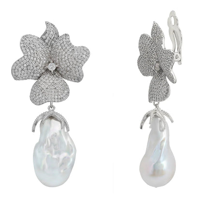 Baroque Pearl White Flower Clip on Drop Earrings Silver