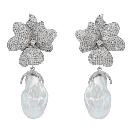 Baroque Pearl White Flower Clip on Drop Earrings Silver