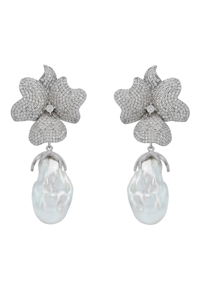 Baroque Pearl White Flower Clip on Drop Earrings Silver