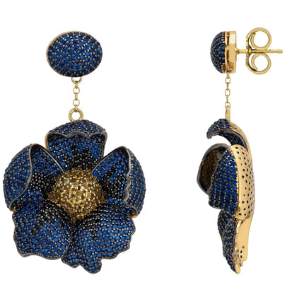 Poppy Flower Drop Earrings Sapphire Gold