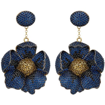 Poppy Flower Drop Earrings Sapphire Gold