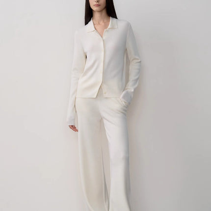 "Lazy Urban" Yangtze Merino Wool Polo-Neck Cardigan Straight-Leg Knitted Pants Suit