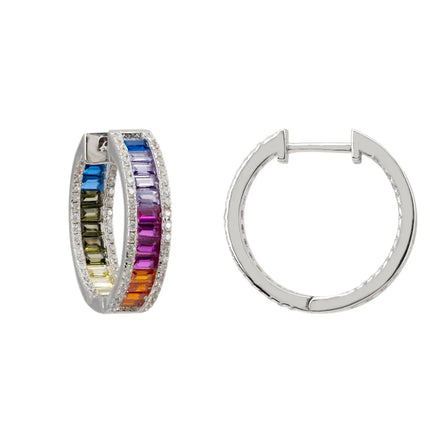Judy Rainbow Baguette Hoop Earrings Silver