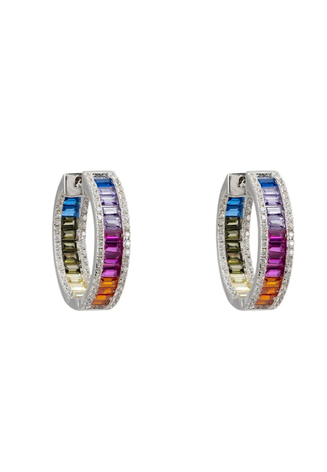 Judy Rainbow Baguette Hoop Earrings Silver
