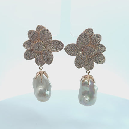 Amaryllis Flower Baroque Pearl Drop Earrings White Rosegold