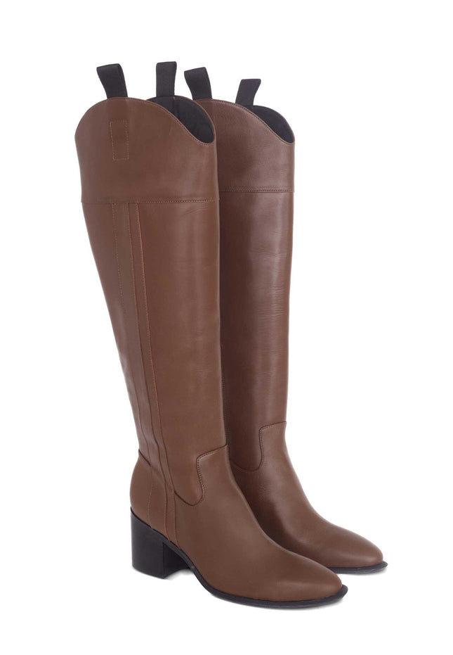 Canna Calf Brown Leather Knee-High Boots – 6.5cm Block Heel Riding