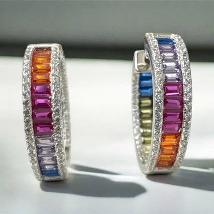 Judy Rainbow Baguette Hoop Earrings Silver