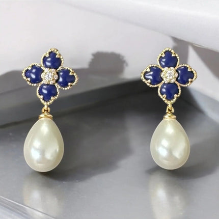 Flower Clover Pearl Drop Earrings Lapis Lazuli Gold