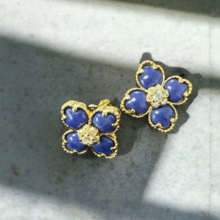 Flower Clover Lapis Lazuli Stud Earrings Gold