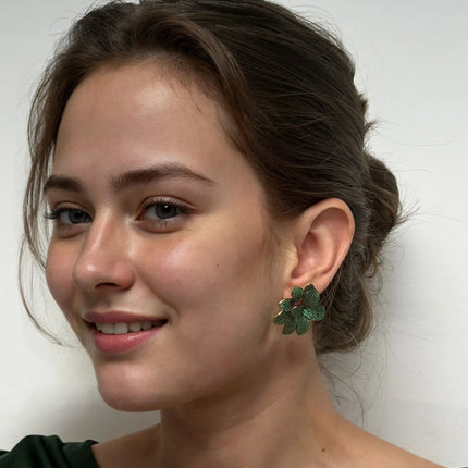 Amaryllis Flower Large Stud Earrings Gold Emerald